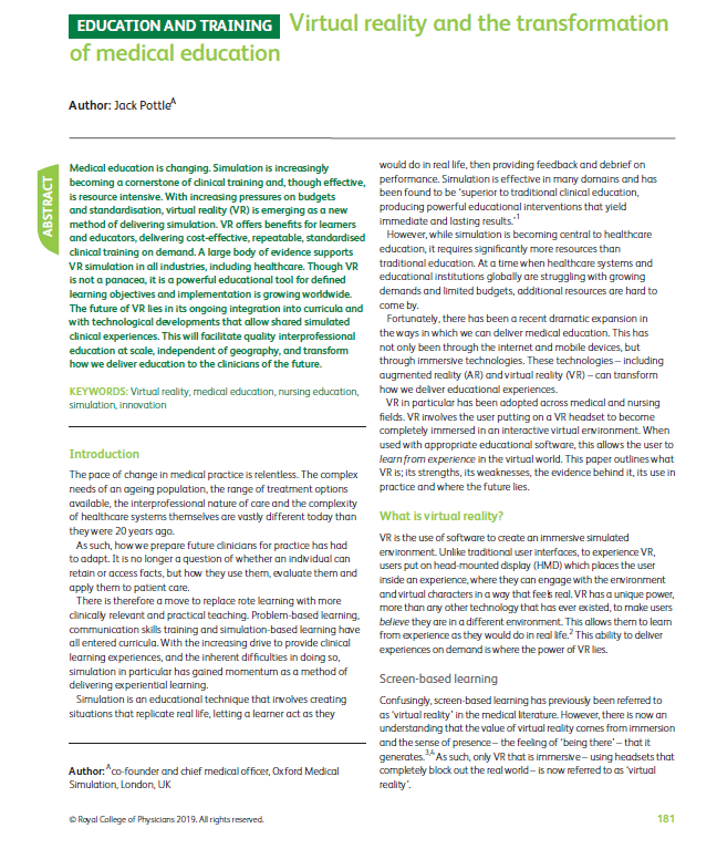 drpottle's tweet photo. For those wanting to learn more about #VR in medical and nursing education, here's an overview I wrote for @FutureHealthJ. Many thanks @RCPLondon 🤓 
Full access here: 
https://t.co/qS65e4Cb8L
FYI @MedSimulation @MedTeachJournal @MedTraining_Mag https://t.co/PInmqlZYNJ