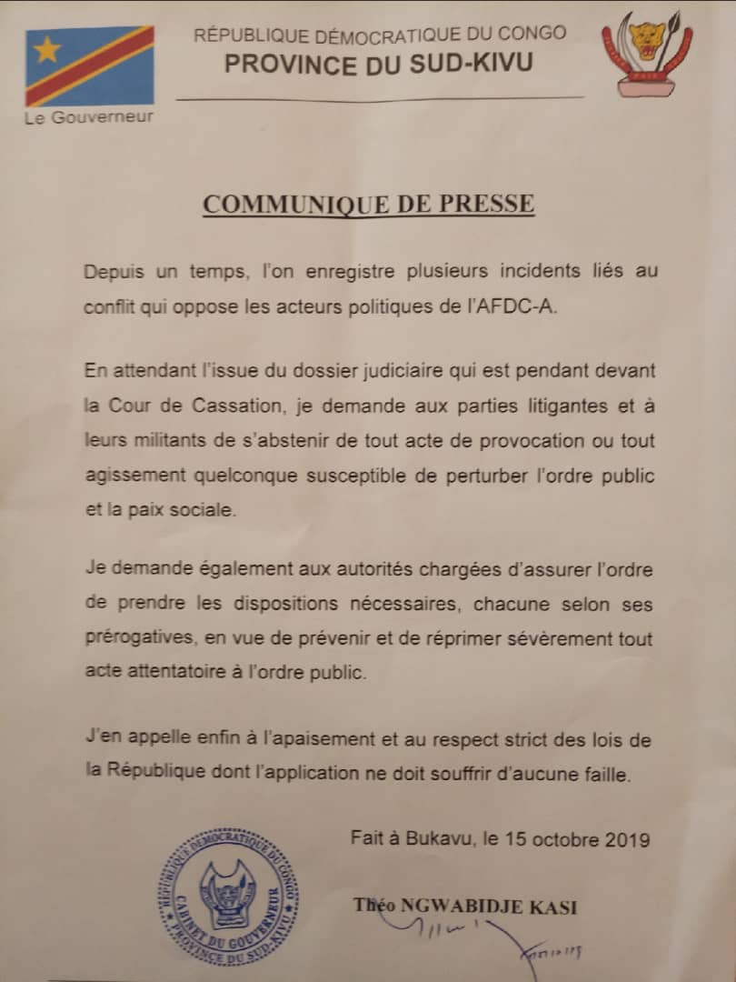 Afdca2019's tweet image. "Coincé par L'AFDC-A,le gouverneur du Sud-KIVU  @TheoKASI NGWABIDJE prend enfin ses responsabilités pour protéger les membres du regroupement Afdc et alliés victimes des actes de vandalisme "(Document )