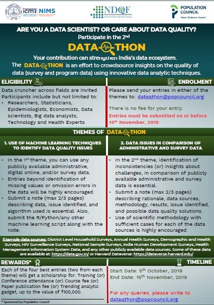 data_qi's tweet image. Can you identify data issues through machine learning techniques? Can you address data quality issues in administrative and survey data? Two exciting themes, multiple prizes!! Send your entries now #DataQthon
@Pop_council @NDQFonline @Niranjan_PC @ICMRDELHI @icmr_nims @BMGFIndia