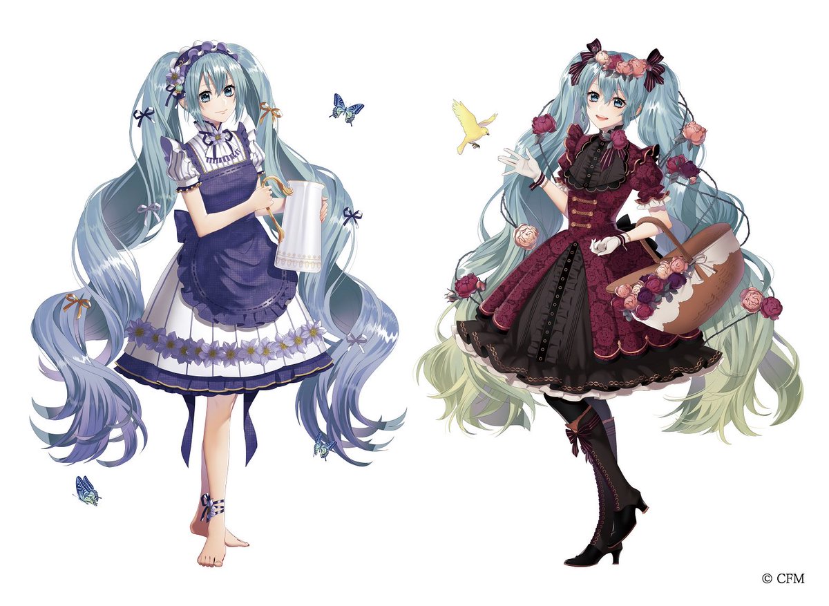 hatsune miku long hair dress basket 2girls flower holding basket twintails  illustration images
