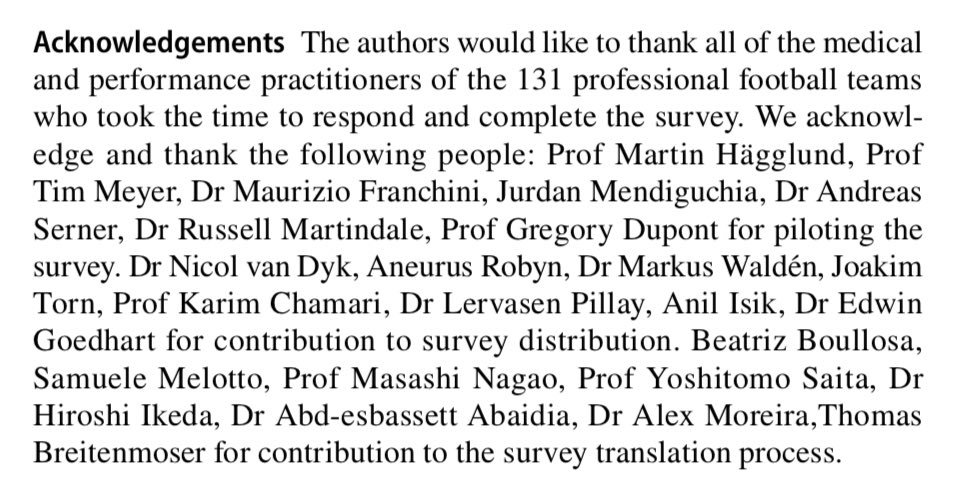 Well done @gordon_dunlop 👏🏼1st PhD study in @SportsMedicineJ RTP 131 ⚽️premier league teams 🌍surveyed in multiple languages 🇬🇧 🇫🇷 🇪🇸 🇩🇪 🇮🇹 🇵🇹 🇧🇷 🇯🇵 Too many ppl 2 tag individually & thank 4valuable contributions: see screenshot of acknowledgments 🙏🏼 link.springer.com/article/10.100…