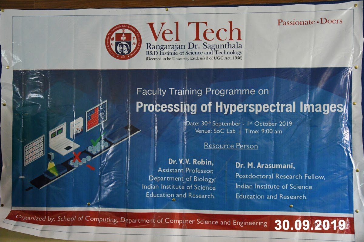 veltechofficial's tweet photo. #Vel_Tech #Department_of_Computer_science_and_engineering
Organized Faculty training program “Processing Hyperspectral Images” Resource person was Dr. V. V. Robin, Assistant Professor, Department of Biology and Dr. M. Arasumani, Postdoctoral Research Fellow, IISER https://t.co/zb6UDDEseU