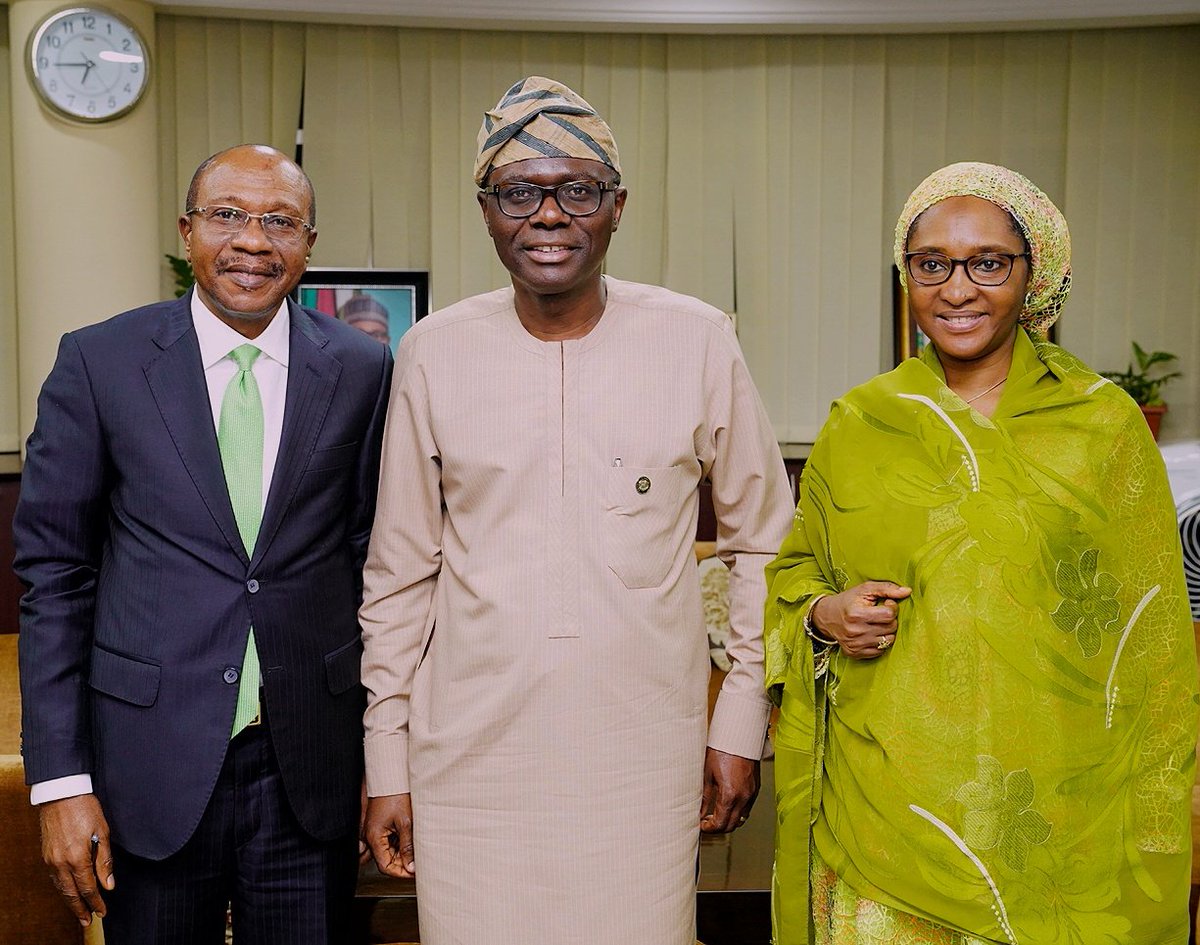 The Lagos State Govt (@followlasg) on Twitter photo <a href="/jidesanwoolu/">Babajide Sanwo-Olu</a> met with CBN Governor, <a href="/godwinemefiel/">Godwin Emefiele</a> & the Minister of Finance, Budget & National Planning, Mrs. Zainab Ahmed on Tuesday and solicited special support from the FG to enable Lagos function effectively as a hub of the country’s economy. <a href="/PoliceNG/">Nigeria Police Force</a> #ForAGreaterLagos <a href="/jidesanwoolu/">Babajide Sanwo-Olu</a> met with CBN Governor, <a href="/godwinemefiel/">Godwin Emefiele</a> & the Minister of Finance, Budget & National Planning, Mrs. Zainab Ahmed on Tuesday and solicited special support from the FG to enable Lagos function effectively as a hub of the country’s economy. <a href="/PoliceNG/">Nigeria Police Force</a> #ForAGreaterLagos