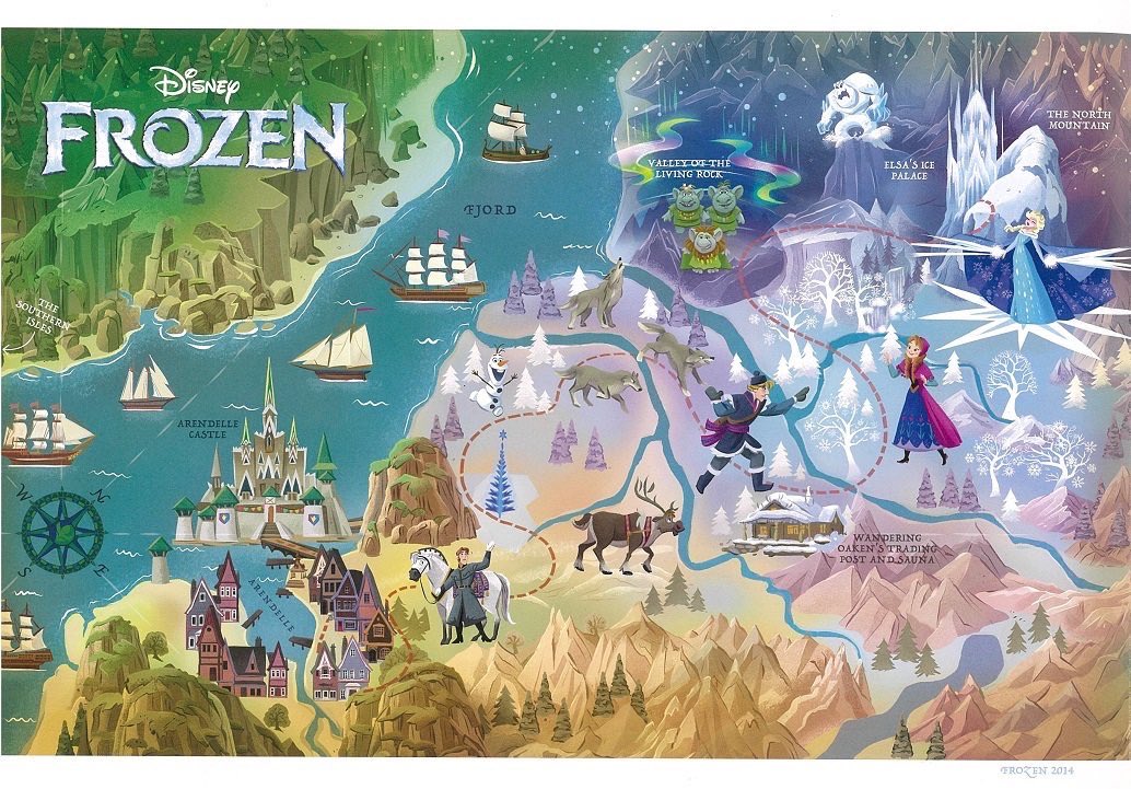 Westergaard Frozenとcarsの人 Disneymapという大型本 1作目と2作目の間をつなぐ書籍 Forest Of Shadows の表紙裏のアレンデール地図と一致していて 90度回転している これからはこの地理関係の設置で進めていくんだなっていうのがわかるのもよき 1