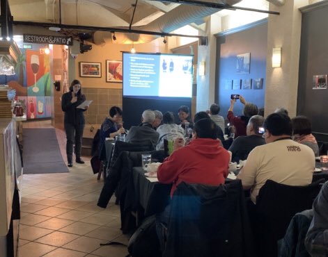NikkeiMemory's tweet photo. Dr. Carly Adams speaking tonight about the Nikkei Memory Capture Project to the Nikkei National Museum Alberta Sugar Beets tour group. #COHT @NikkaYuko @CarlyiAdams @HistoryPlymouth @uLethbridge @nikkeimuse https://t.co/WztZZeGrj7