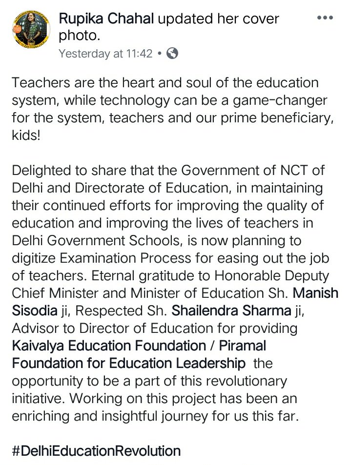 rupiiism's tweet photo. Another revolutionary initiative by Hon'ble @msisodia to digitize #ExaminationProcess for easing out the job of Delhi Govt. School Teachers.
Working on this project has been an enriching & insightful journey for us @kef_india @PiramalFdn
#Gratitude #DelhiEducationRevolution https://t.co/btqtzg2sFD