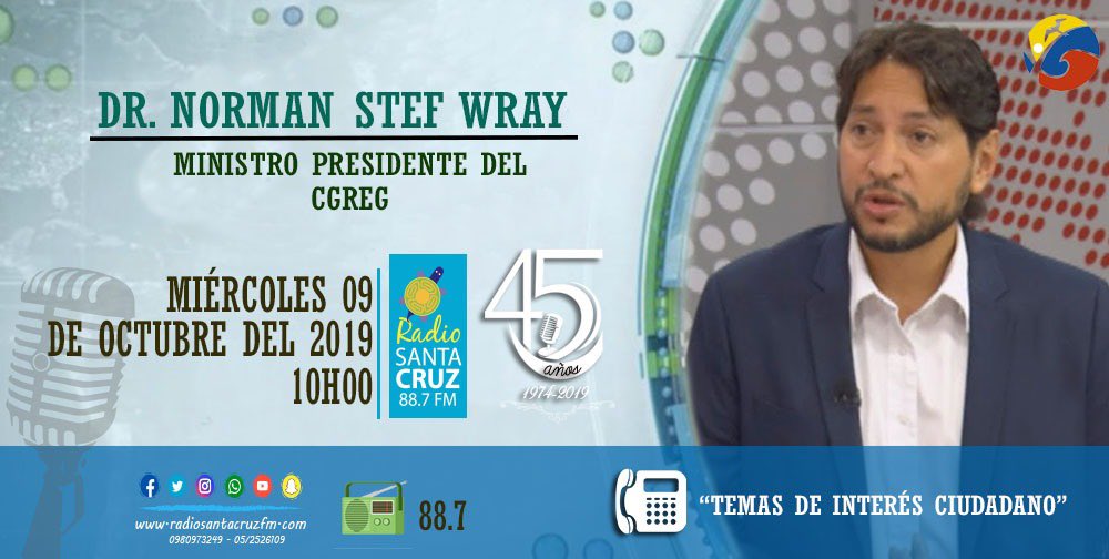 santacruzradio's tweet photo. 📻 Mañana| Miércoles 09-10-2019 a las 10:00 AM en 🎙 @santacruzradio estará como invitado @normanwray - Ministro Presidente del @CGGalapagos en el programa #ImpactoMusical con @cochadiego 

📡 https://t.co/N09o3pmXLZ #Galápagos https://t.co/dbOTIAMWp8