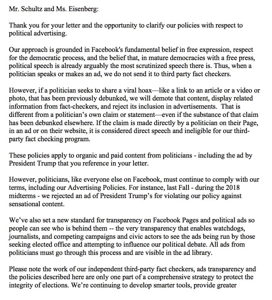 Donie O Sullivan On Twitter Here S The Letter Facebook Sent The Joebiden Campaign Explaining Why It Allowed Trump To Run Facebook Ads With False Allegations About The Vp And Ukraine Sarahmucha Reports