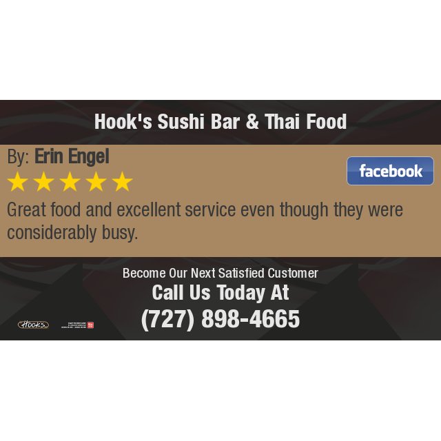 HooksSushi's tweet photo. 5 Star: Erin E. "Great food and excellent service even though they were considerably busy." https://t.co/5ImyE37Q4i https://t.co/QmSQQT9NQd