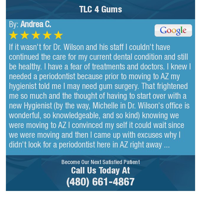TLC4Gums1's tweet image. 5 Star: Andrea C. "If it wasn't for Dr. Wilson and his staff I couldn't have continued the care for my current..." bit.ly/29ccbnb