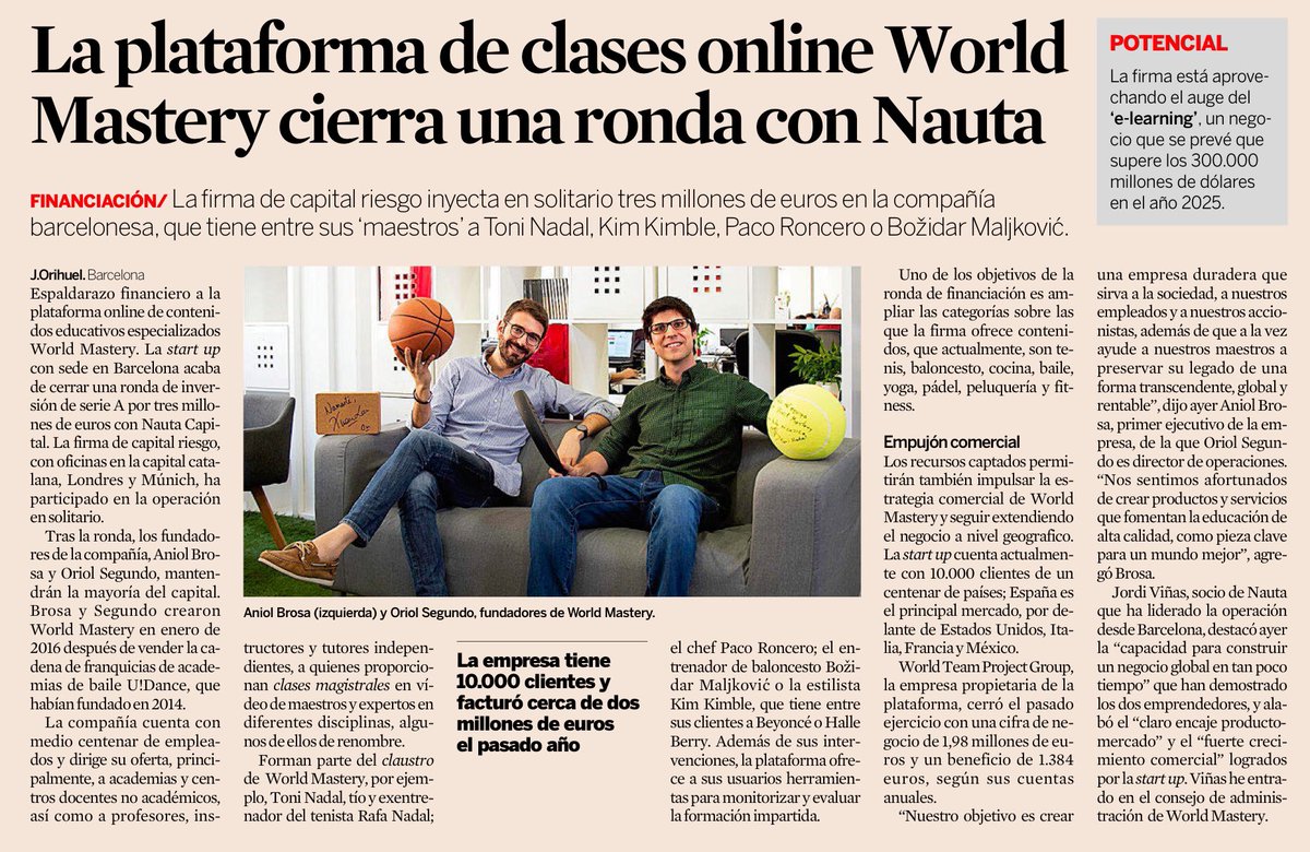 La #startup de clases online World Mastery cierra una ronda serie A de €3M con @NautaCapital como inversor en solitario (vía @exp_catalunya) #barcelona #venturecapital #spain