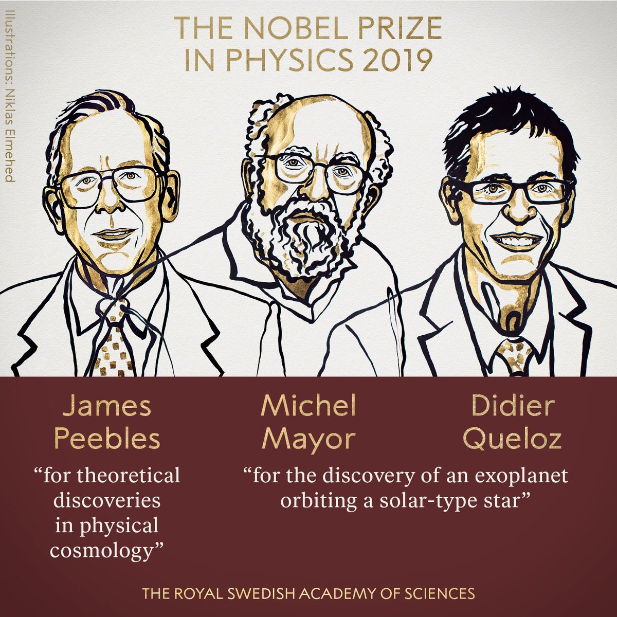 koriosc's tweet photo. El #PremioNobel de Física 2019, ha sido otorgado 50% a James Peebles por sus descubrimientos teóricos en cosmología, y el otro 50% conjuntamente a Michel Mayor y Didier Queloz, por el descubrimiento de un exoplaneta orbitando una estrella comparable a nuestro sol. https://t.co/enWWXITgnz