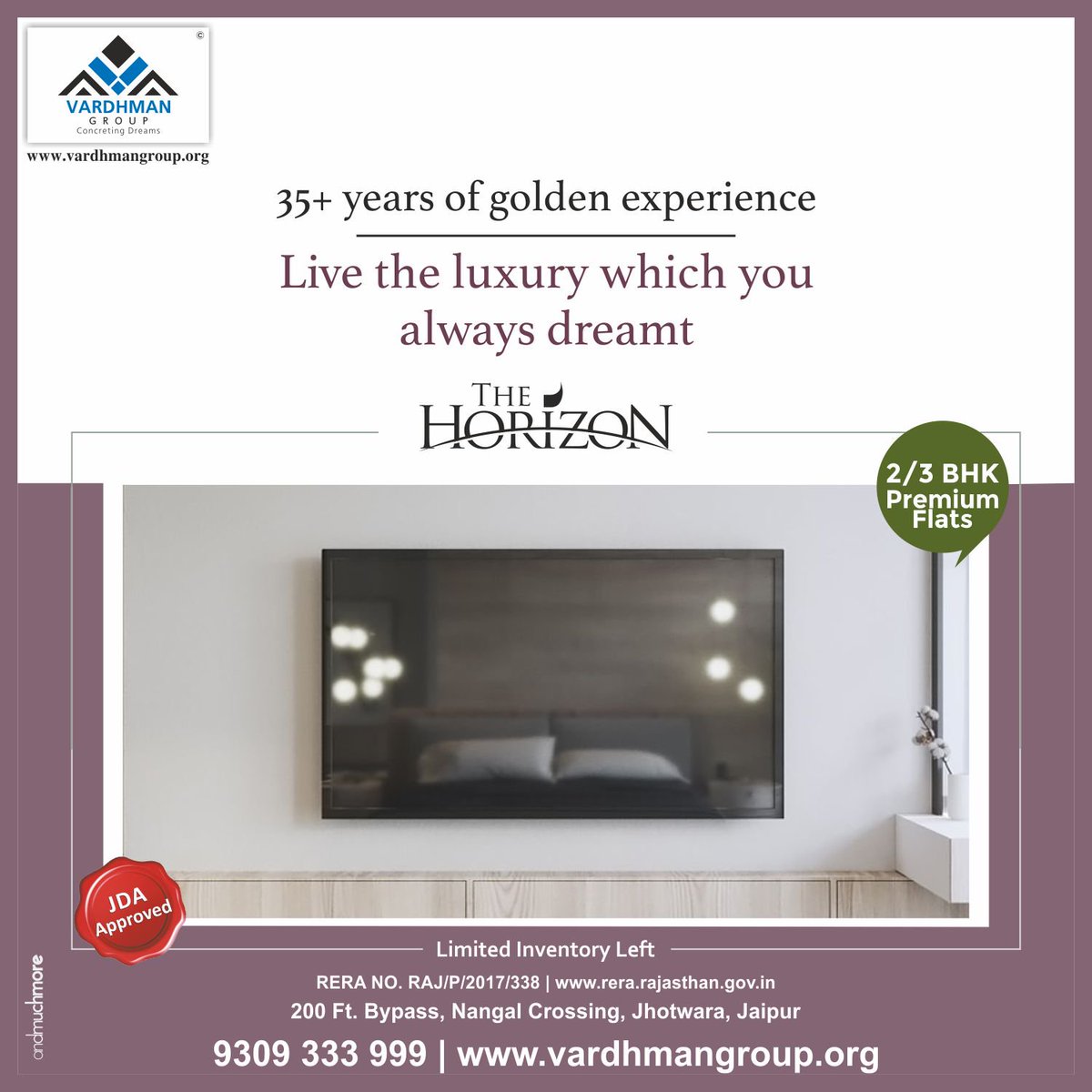 GroupVardhman's tweet photo. Indulge your lifestyle into the lavishness offered by The Horizon - 2/3 BHK Premium Flats presented by the prestigious Vardhman Group.
#vardhman #vardhmangroup #realestate #flats #Horizon #modernluxuries #property #jaipur #housing #homes #realestateproperty #residentialproperty https://t.co/JPPCAn1TBf