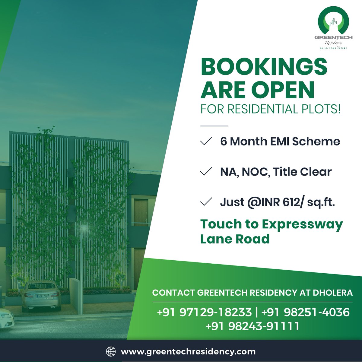 Plots with Clear Title NA, NOC starting with INR.612/ sq.ft. Avail the Best Residential Plots in #Dholera at Greentech Residency.

#WednesdayWisdom #IndustrialCorridor #realestate #Gujarat #Dholerainternationalairport #DholeraSmartCity #DMICDC #DSIR #DMIC