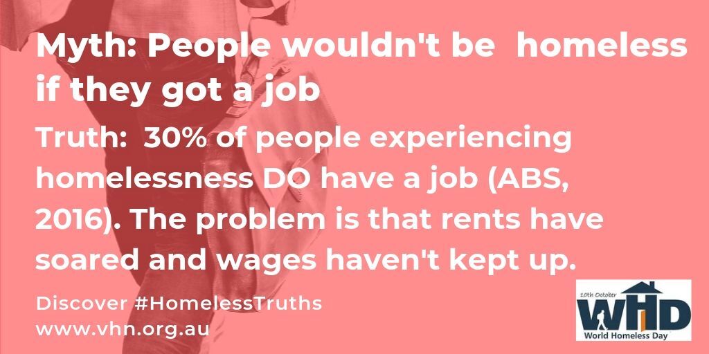 WesternHomeless's tweet photo. #HomelessTruth: The 2016 Census showed that 30% of people who identified as being homeless were employed. In Victoria last year, 9,550 workers sought help from a homelessness service, and nearly 3,000 of them had a full-time job. #WorldHomelessDay @LukeHowarthMP @DanielAndrewsMP https://t.co/o64DJ1eDLS