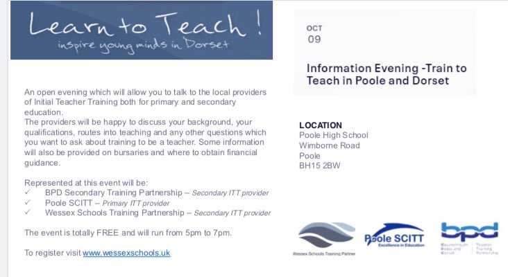 DorsetWork's tweet photo. Don’t forget it’s the @WessexSchools Teacher Training Information Evening tonight @poole_high from 5pm-7pm. Who’s going? #teachertraining #DorsetsWonderfulWork https://t.co/F7mZumyrge