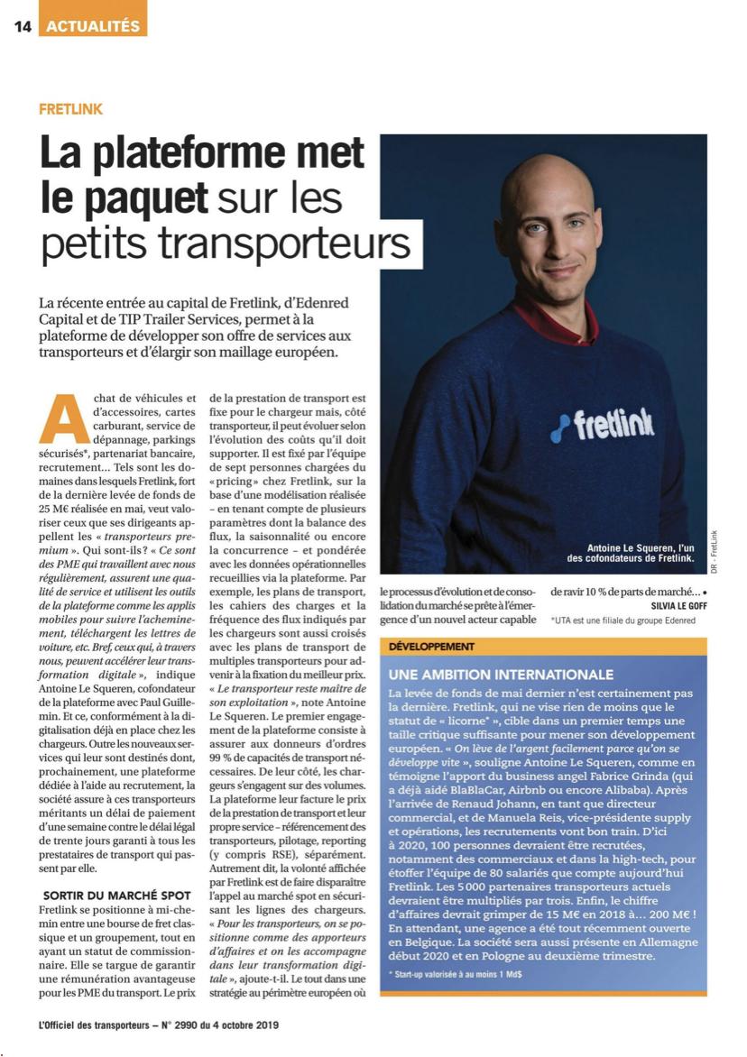 🚛📢[Fretlink met le paquet sur les petits transporteurs] 🚛📢Découvrez l’interview <a href="/Antoine_Lsq/">Antoine Le Squeren</a>, Co-fondateur de <a href="/FretLinkEu/">Fretlink</a>, parue cette semaine dans les pages <a href="/OThebdo/">OThebdo</a>. <a href="/silvialegoff/">Silvia Le Goff</a>, rédac en chef, revient sur le modèle Fretlink et nos ambitions Européennes.