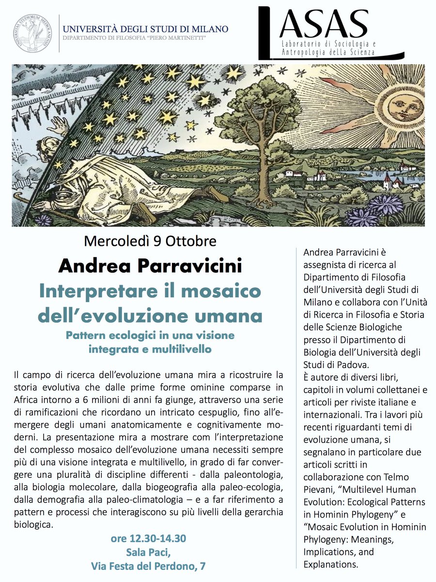 9 ottobre, "Interpretare il mosaico dell'evoluzione umana: pattern ecologici in una visione integrata e multilivello", Andrea Parravicini #DIPAFILO <a href="/LaStatale/">Università degli Studi di Milano</a> <a href="/wewole/">Gaetano Mangiameli</a>