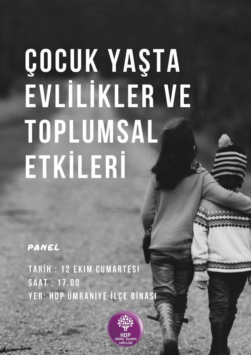 Cumartesi günü ümraniye de çocuk yaşta evlilikleri konu alan bir panel düzenleyeceğiz başta genç kadınlar ve gençlik olmak üzere tüm halkımız davetlidir.
<a href="/hdpgenckadin/">HDP Genç Kadın Meclisi</a> 
@HDPGencMeclisi 
<a href="/HDPistanbulGenc/">HDP İstanbul Gençlik Meclisi</a> 
<a href="/tjaistanbull/">TJA İSTANBUL</a> 
@HDPistanbul
