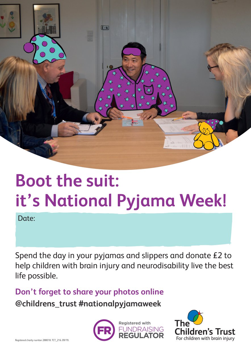 TctheF's tweet photo. This week is National pyjama week! Why not spend the day at work, school, or college/Uni in your pyjamas and raise money for The Children’s Trust? Click the link below to register for your fundraising pack!
https://t.co/Gk49tPTLkE 
#thechildrenstrust #charity #fundraising https://t.co/He8qzJn7dM