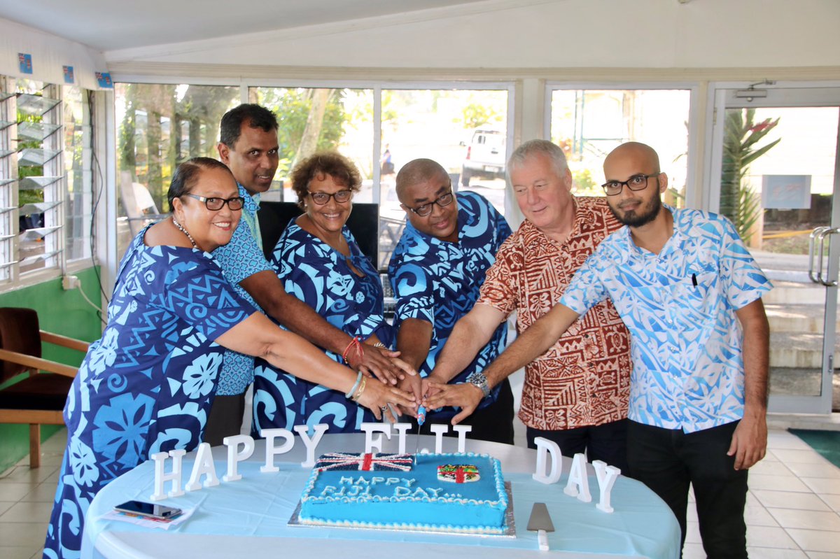 AumuaA's tweet photo. Celebrating our similarities, our differences and our oneness    #FijiDay staff and friends wishing everyone @spc_cps Happy Fiji Day 2019 #fiji the way the world should be !! crossing our fingers for a win tonight #RWC2019 https://t.co/yvmGdGxn0S