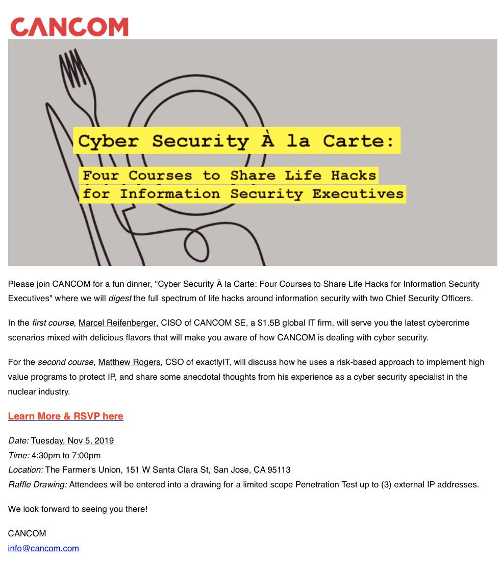 soc13tyhacker's tweet photo. Meet me in San Jose, CA and join us for an unforgettable Dinner Event. If you ever asked yourself how #CANCOM is dealing with #cybersecurity requirements or which #cybercrime scenarios you should always keep in mind my talk will be the perfect one for you. #infosec #pentest https://t.co/QcVCvhBSfI