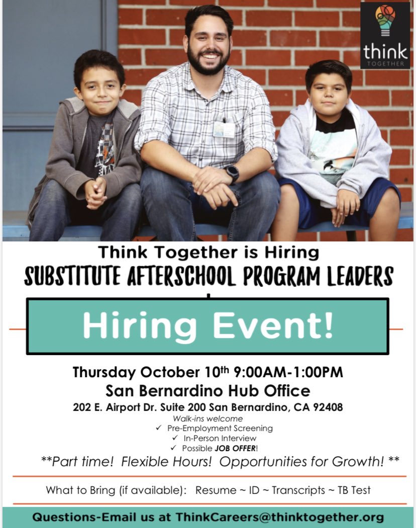 AlBarajas88's tweet photo. Hey SB Region! Do you like working with kids/older youth? Please attend our Hiring Event this Thursday, October 10th! Information found on the flyer attached. Hope to see you there! https://t.co/HafHec8Pjy