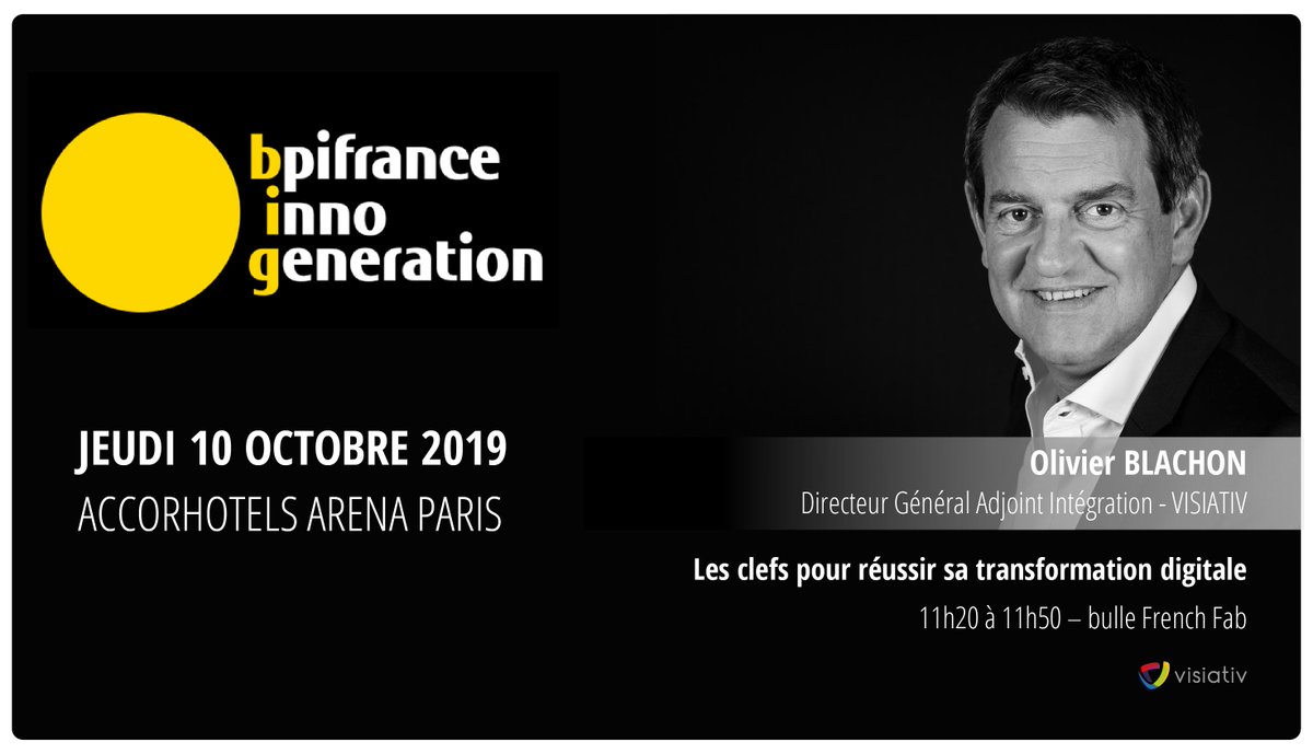 #IndustrieDuFutur : comment réussir votre virage #numérique? Une question à laquelle répondra 
<a href="/BlachonOlivier/">Olivier Blachon</a>, DGA Intégration <a href="/visiativ/">Visiativ</a> à l'occasion de <a href="/Bpifrance/">Bpifrance</a> #InnoGeneration. RDV le 10/10 à #innogeneration à 11h20 sur la bulle <a href="/LaFrenchFab/">La French Fab</a>
. #TransfoNum