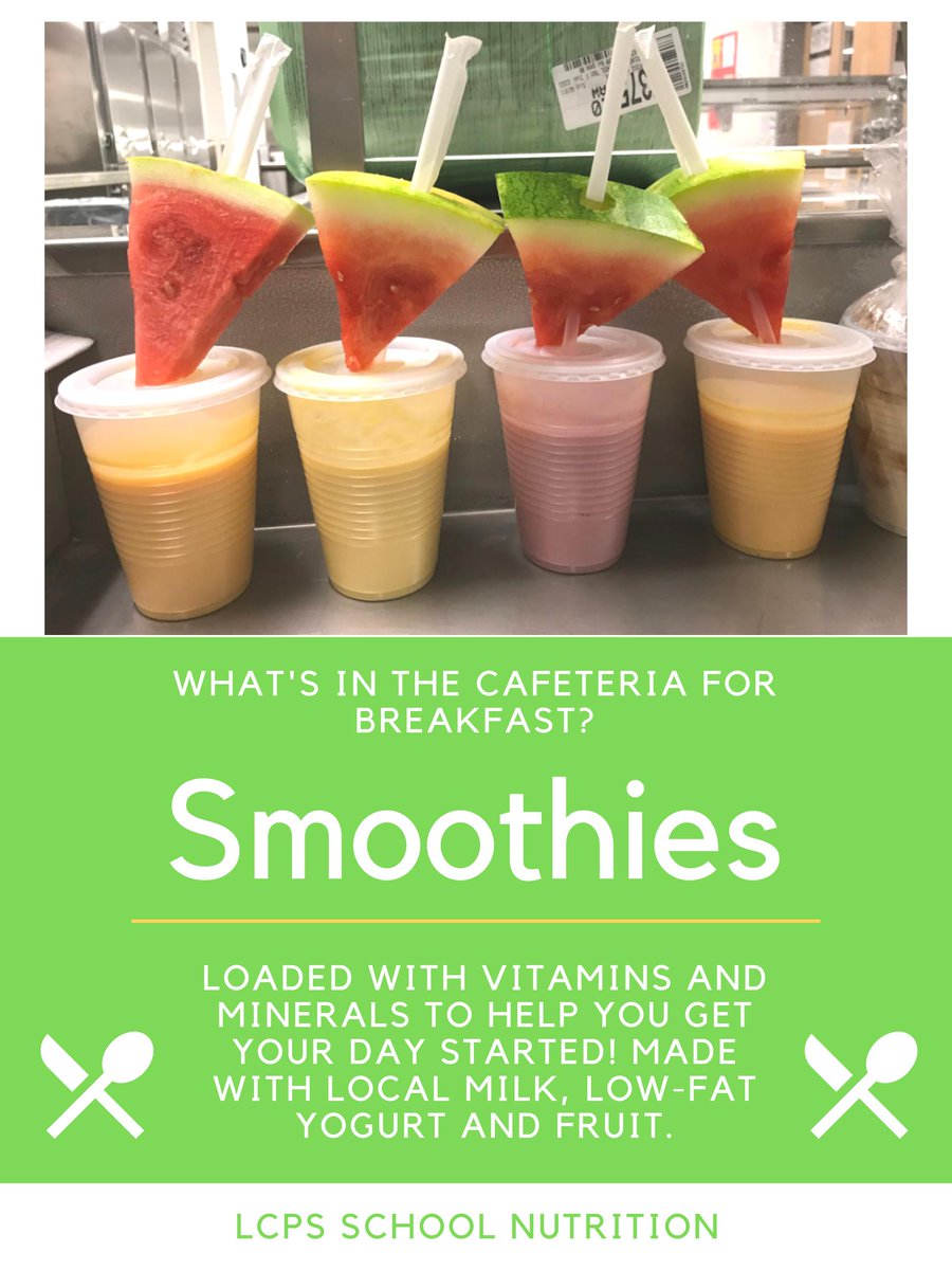 LCPSCafe's tweet photo. Did you remember to eat breakfast? Meet us in the cafeteria to enjoy our freshly prepared smoothies. Youβll need that boost of energy to keep you focused all day long! #vabreakfast #vabreakfastchallenge @NoKidHungryVA @VDOESNP https://t.co/FFqVWI68ZO