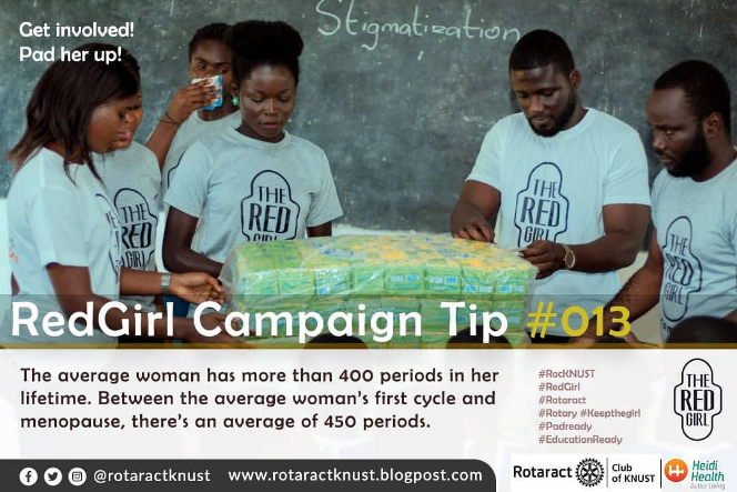 RotaractKNUST's tweet photo. Fact:
The mean number of lifetime menstrual cycles was 451.3, corresponding to 34.7 years of menstrual activity if considering an average of 13 cycles per year
#RocKNUST #RedGirl #Rotaract
#Rotary #Keepthegirl #Padready
#EducationReady https://t.co/8PQtarhets