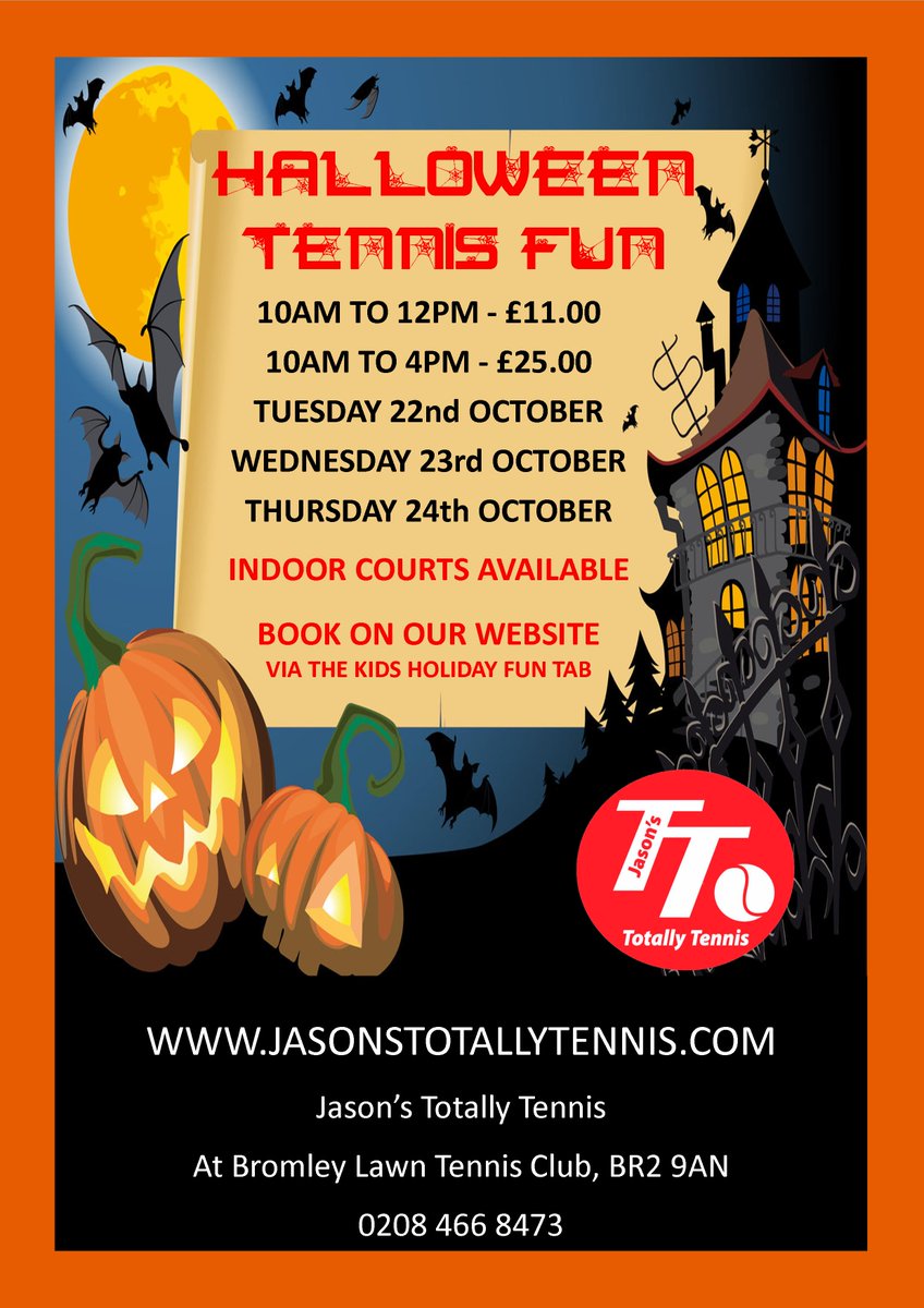 JasonsTennis's tweet photo. Half term holiday fun at Bromley Lawn Tennis Club. Lots of fun for children age 3+. Book now via our website #Bromley #tennis #halloween #halfterm #kids https://t.co/pLwUmtRi3z