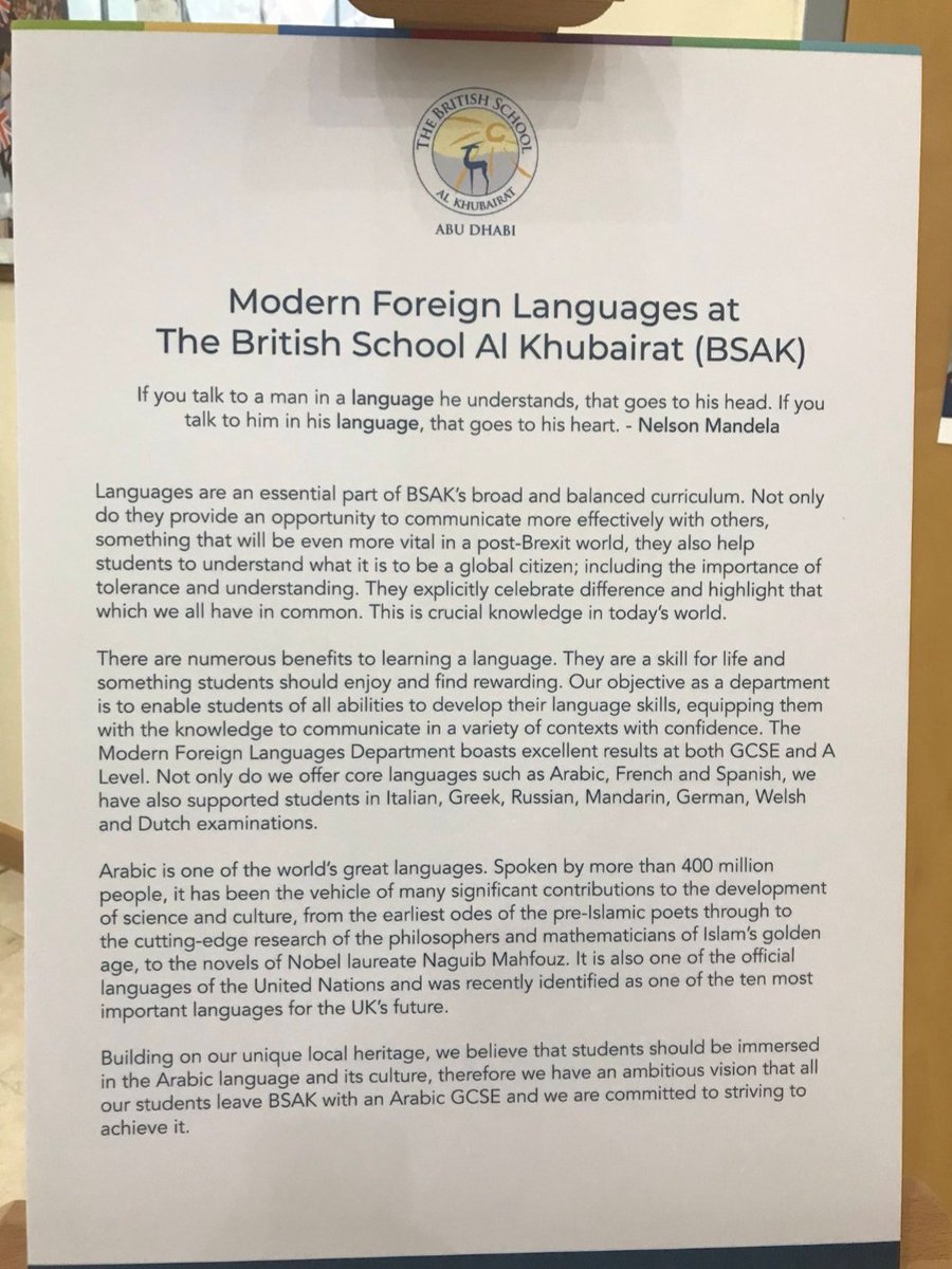 BSAKsecHead's tweet image. Outstanding first day of the inaugural @BSAKmfl @BSMEorg MFL Conference. I was so inspired by @alex__rawlings passion for how languages connect us, that I&apos;m tempted to try and learn another one! Interaction v transaction #MFL19 #BSMElearning #mfltwitterati @BSAKAbuDhabi