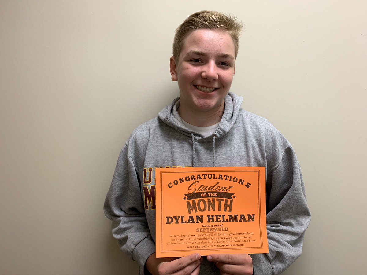 WALA_MWHS's tweet photo. Our first Student of the Month this year went to new WALA member Dylan! He works hard to complete his work, he is friendly to other students and has shown great leadership! Way to go Dylan! #mwhspride https://t.co/TkOG69GgBK