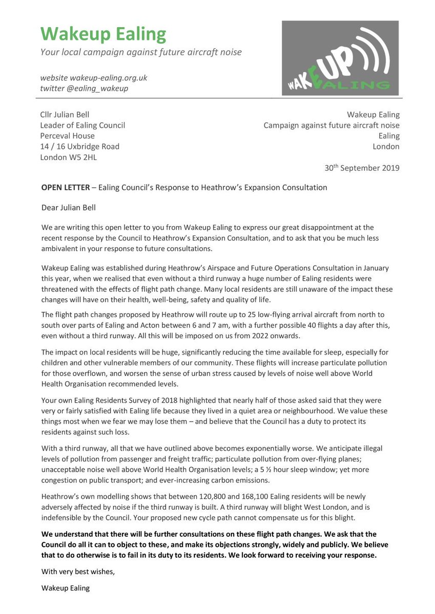 ealing_wakeup's tweet image. Wakeup Ealing has written to the leader of Ealing Council, @juliangbell, to ask that the council express its opposition to #HeathrowExpanion more strongly, widely &amp;amp; publicly.

There is a copy of our letter here: wakeup-ealing.org.uk/2019/10/08/ope…