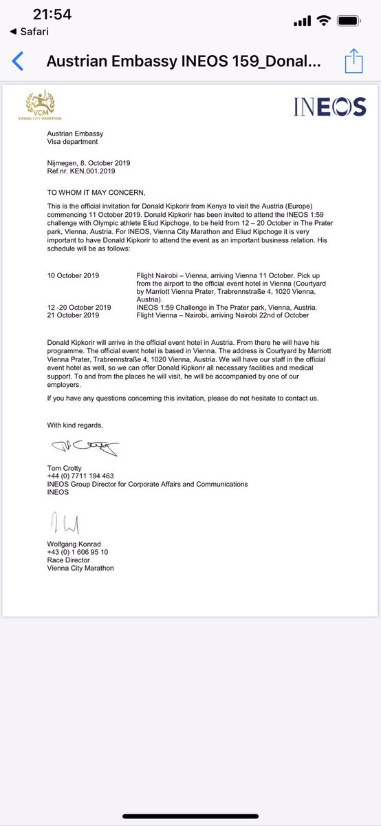 And as a sign of global respect, INEOS Chemicals (Annual turnover of us$90B (Kshs. 9Trillion) sends me an invite as a VIP Guest to watch my friend <a href="/EliudKipchoge/">Eliud Kipchoge - EGH🇰🇪</a> break 2Hours barrier .... Humbled, but I think INEOS thinks I have a private Jet like its owner ... Anyway, let’s see!