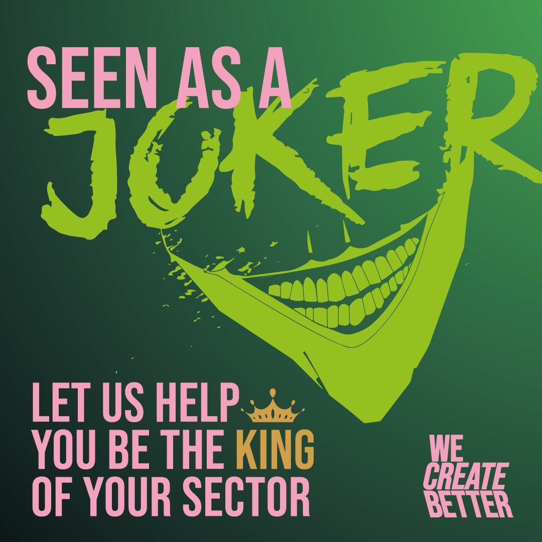 wecreatebetter's tweet photo. Don’t be seen as a #Joker, give your business a name for itself. Stand out with professional, innovative design from #WeCreateBetter 🤡 Get in touch #linkinbio ☝🏼

#JokerMovie #TheJoker #TheJokerMovie #GraphicDesign https://t.co/WzfUXpR2rh