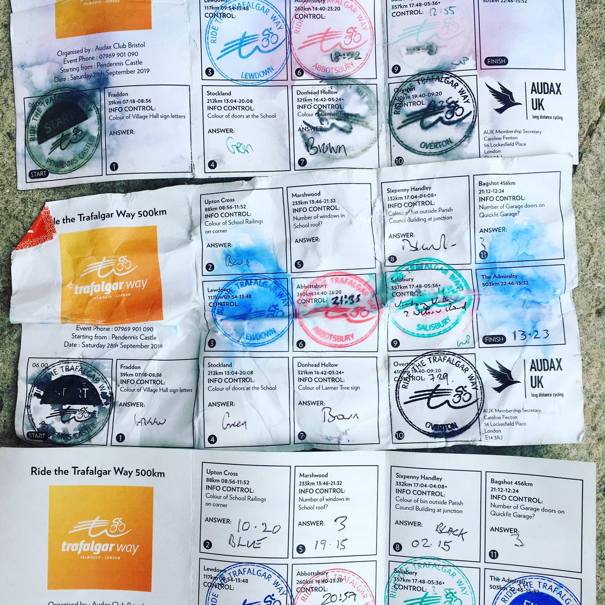 TrafalgarWay's tweet photo. We feel these brevet cards from the inaugural #TrafalgarWay #500KM #Audax, sponsored by @nfum_wessex, sum up the current weather conditions - damp, wet and very wet 🚴🏻‍♀️🚴‍♂️🌧
#TheWay2019 #RTTWno5 #audaxrandonneurs  #endurancecycling #ultracycling #longdistancecycling #randonneuring https://t.co/cafwmo9kne