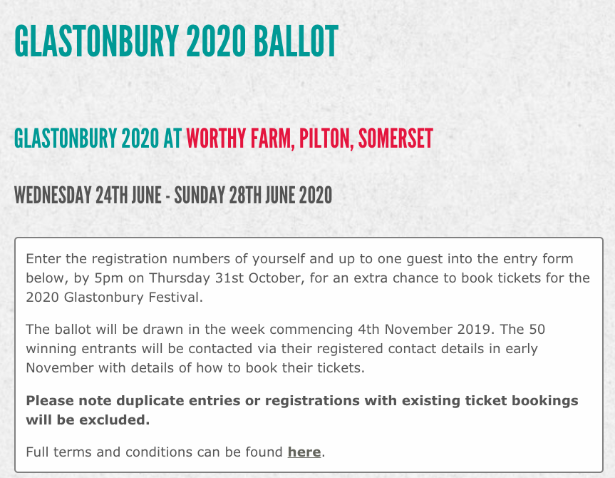 GlastoFestFeed's tweet photo. 50 pairs of #Glastonbury2020 tickets being sold by ballot RIGHT NOW - good luck! https://t.co/clbgTMz0Gg https://t.co/gbZb5RO9dI
