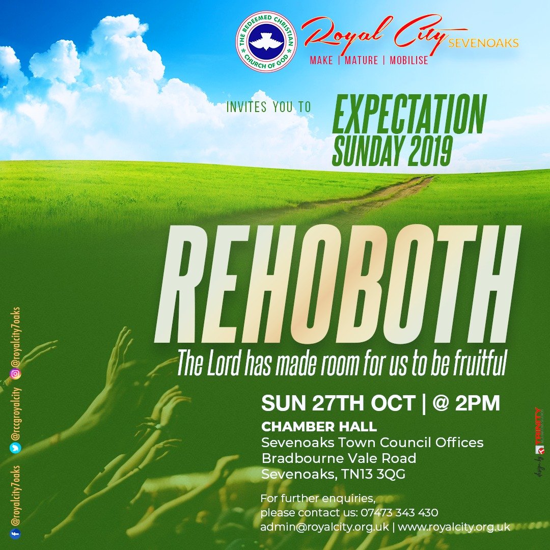 RCCGRoyalCity's tweet photo. VICTORIOUS KINGDOM ACHIEVERS - We are prayerfully and strategically preparing for 2020! You are cordially invited to our Expectation Sunday on 27th October 2019 @ 2pm.
You will be fruitful in Jesus name, amen.
#RaisingKingdomAchievers #DiscoverJesus #GreaterExploits #IAm https://t.co/O9NjUTCqlt
