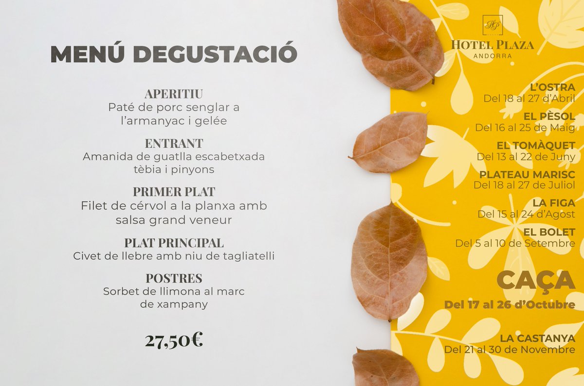 Del 17 al 26 d'octubre vine al Restaurant de l'Hotel Plaza a gaudir de les jornades gastronòmiques de La Caça. Fes ja la teva reserva al +376 879 444. #hotelplaza #plazandorra #plazaexperience #Food #yummy