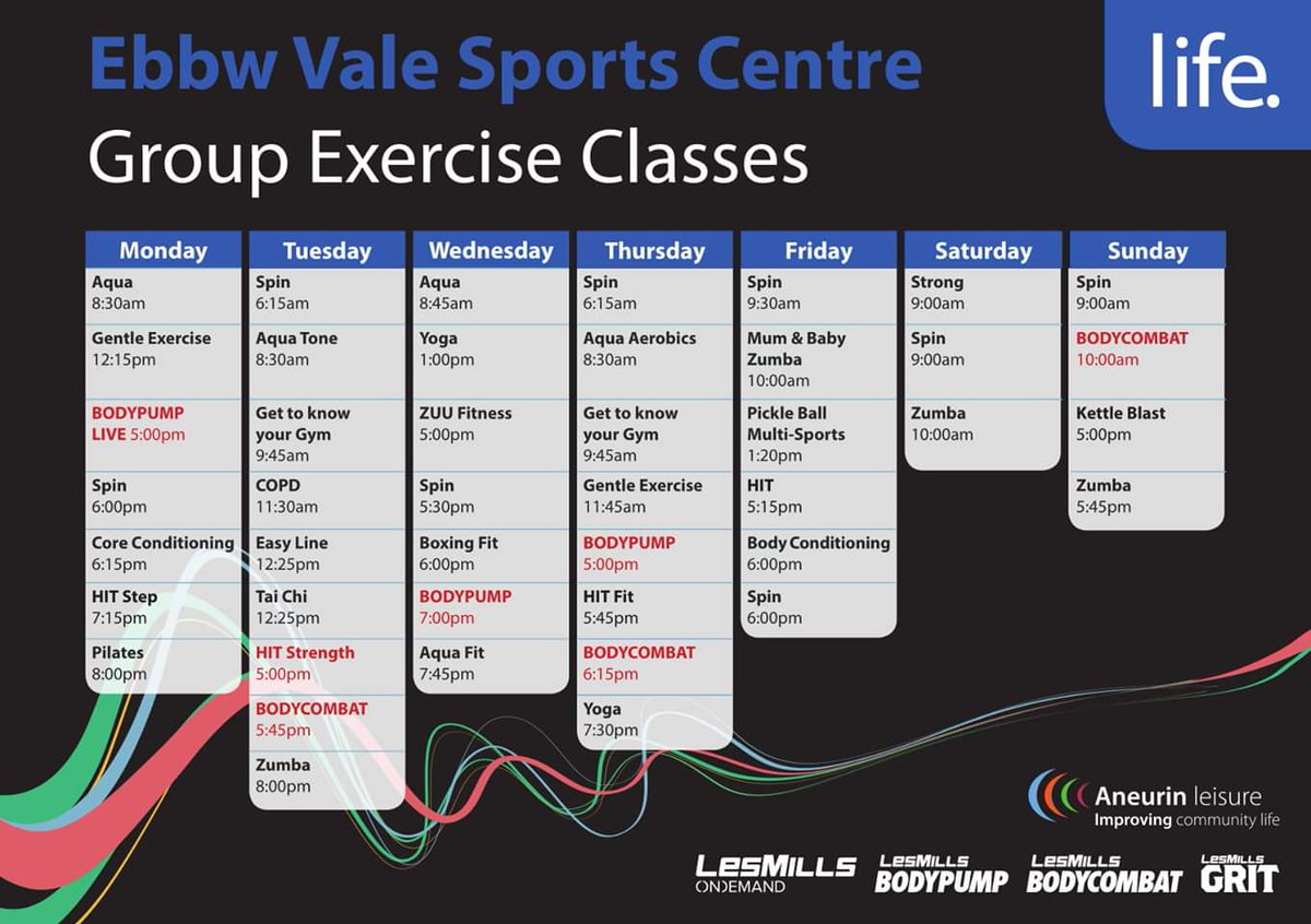Aneurinleisure's tweet image. Here&apos;s our new Autumn 2019 #GroupExerciseClass Timetables for all 3 #SportsCentres.

If you have a life membership you can attend for free and book your spaces online.

For info call your local centre:

#Abertillery: 01495 357779
#EbbwVale: 01495 357777
#Tredegar: 01495 353395