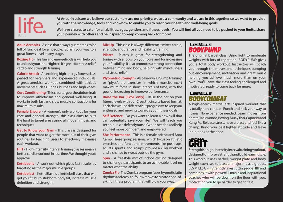 Aneurinleisure's tweet image. Here&apos;s our new Autumn 2019 #GroupExerciseClass Timetables for all 3 #SportsCentres.

If you have a life membership you can attend for free and book your spaces online.

For info call your local centre:

#Abertillery: 01495 357779
#EbbwVale: 01495 357777
#Tredegar: 01495 353395