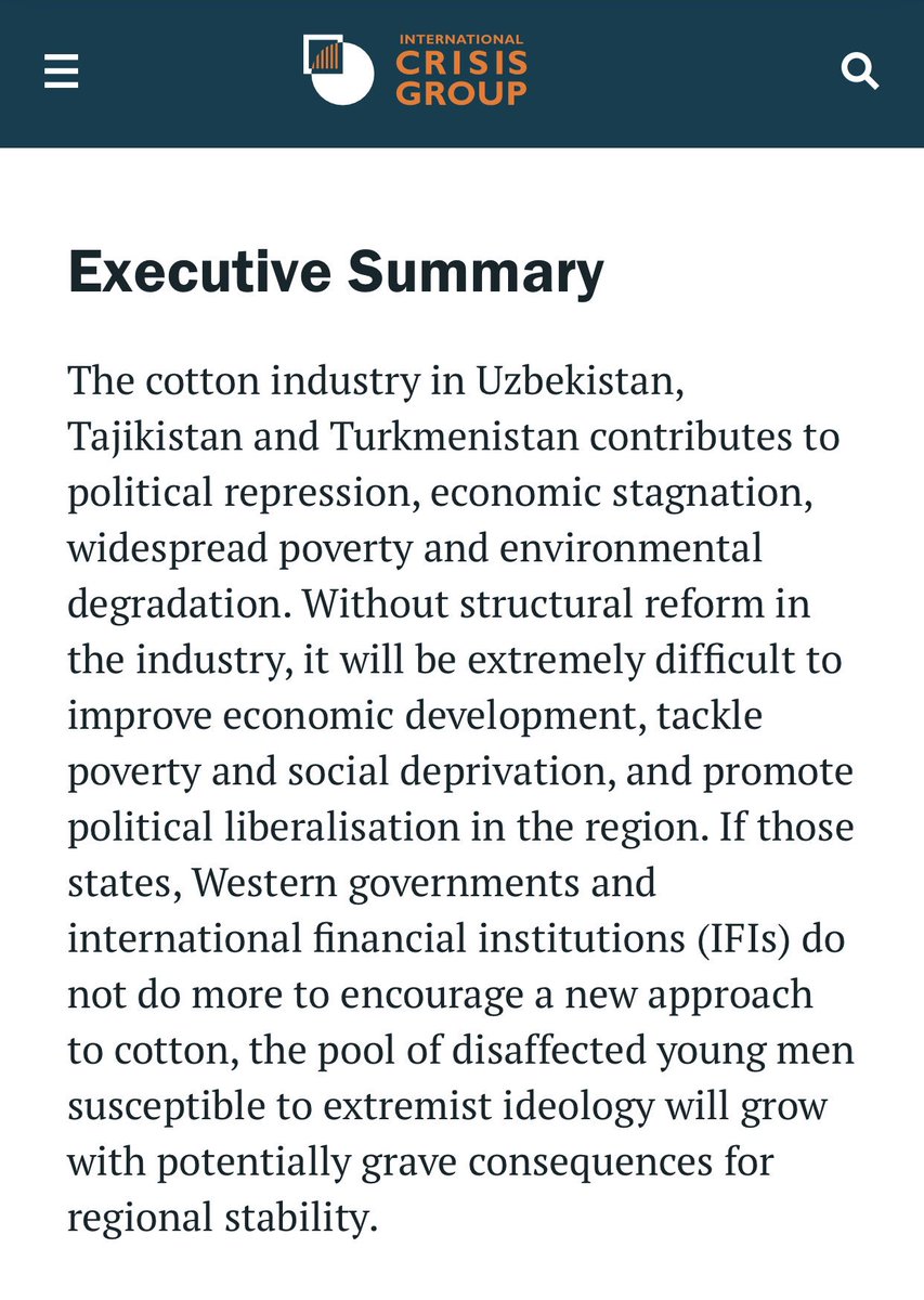 When we published that report at  @CrisisGroup, we detailed how forced labor in Uzbekistan was a key driver of resentment & why the issue had a wider importance. But, honestly, we were a bit pessimistic about any rapid improvements. 2/   https://www.crisisgroup.org/europe-central-asia/central-asia/tajikistan/curse-cotton-central-asias-destructive-monoculture