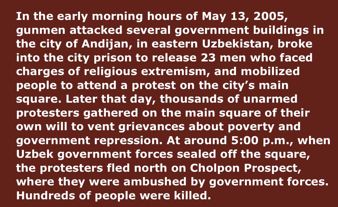 And then, the prospects for progress in Uzbekistan seemed even darker, when - just a couple months later - the government committed a horrific crime: the Andijan Massacre.  https://www.hrw.org/reports/2005/uzbekistan0605/ 4/