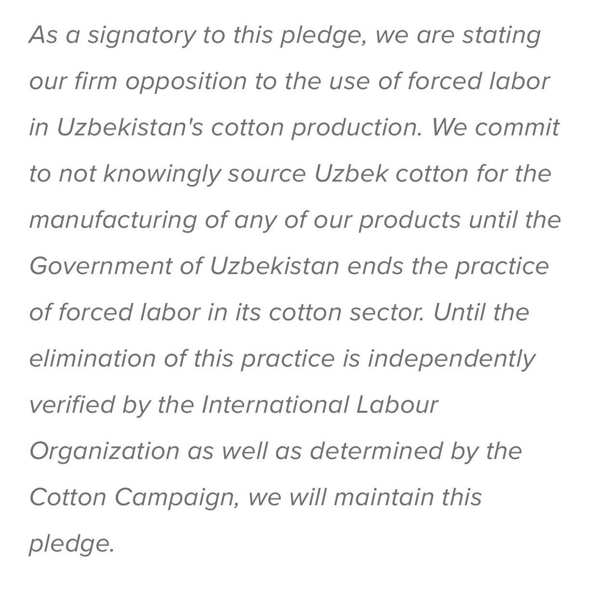 Over time, other organisations unravelled the complex supply chain issues, and hundreds of clothing firms - major global brands - signed the “Uzbek Cotton Pledge”. Less demand for their product lowered the price: the government was feeling the pressure. 6/  https://www.sourcingnetwork.org/uzbek-cotton-pledge