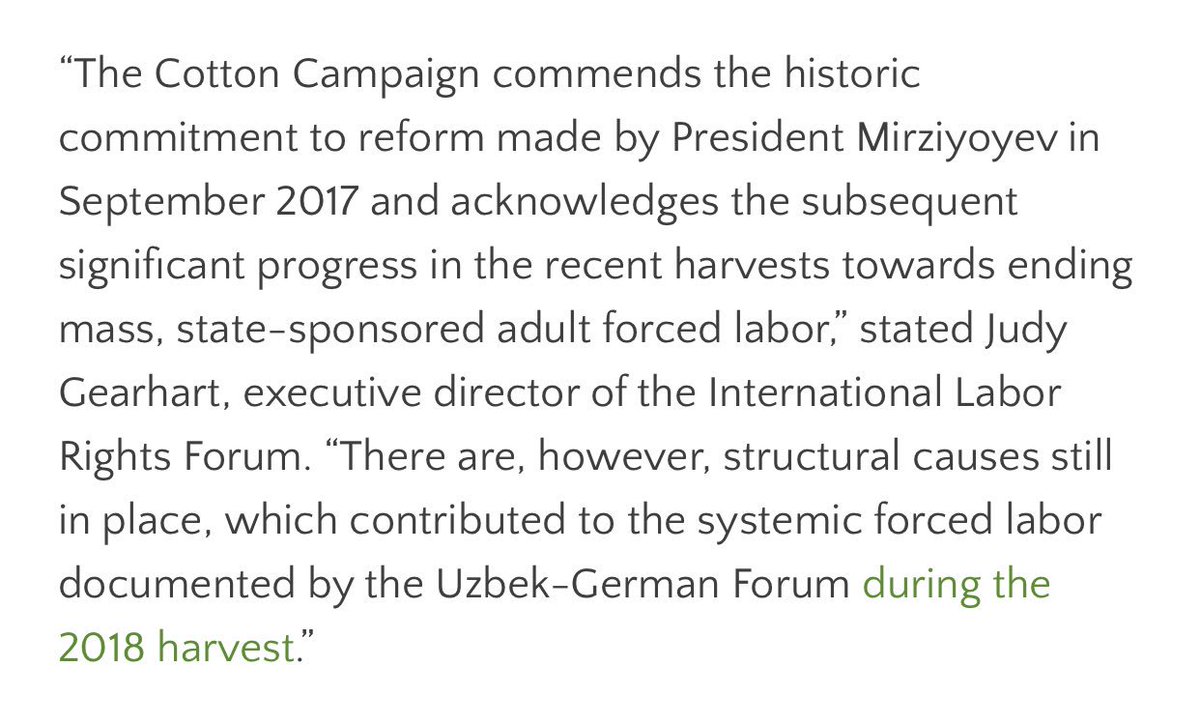 Now, although the job is by no means complete, the  @cottoncampaign can talk of a “historic process of reform” underway in the cotton sector. 8/  http://www.cottoncampaign.org/a-roadmap-of-reforms-to-end-state-sponsored-forced-labor-in-uzbekistan.html