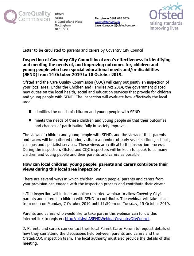 Coventry_IAS's tweet photo. OFSTED/CQC inspection update. Please see attached letter to show how you can be involved - share your good/bad experience of supporting children/young people with SEND in Coventry. You can attend a meeting, take part in a webinar or email. https://t.co/xc9cj64mVs