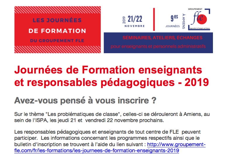 Groupement_FLE's tweet photo. Pensez à vous inscrire aux Journées de Formation du Groupement FLE ! https://t.co/oxe3ltNY0K
#Journéesdeformation #GroupementFle https://t.co/NgIRAQQywR
