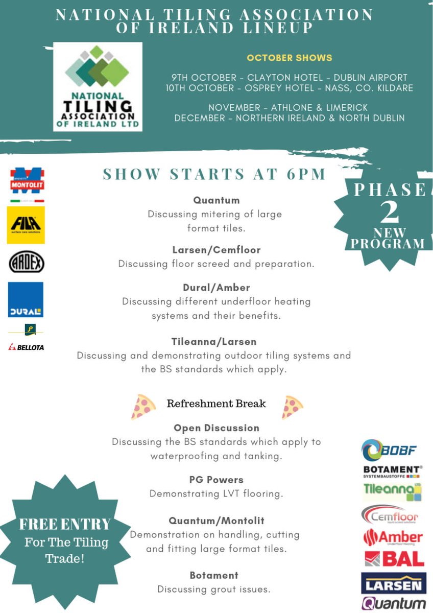 quantumgroupni's tweet photo. Join us tonight or tomorrow at the N.T.A.I Tilers Talk Ireland roadshow!
Free entry for the tiling trade!
@BrevetiMontolit @Filasurfacecare @ArdexIreland #PGPowerDistribution #Bellota #BOBF #Botament #Tileanna #Cemfloor @Amber_ufh #Larsen @Dural_UK @BAL_Ireland https://t.co/AcgKgivLCv