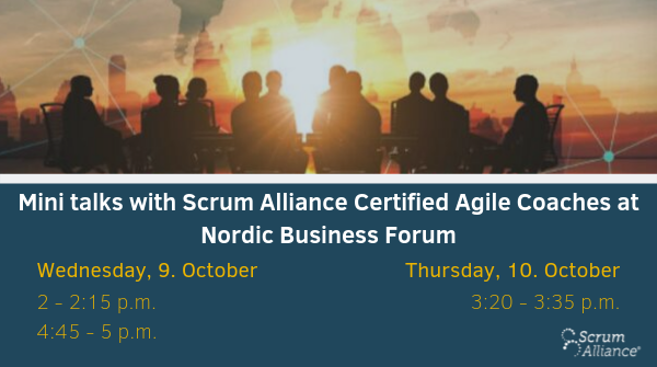 ScrumAlliance's tweet image. Scrum Alliance Certified Agile Coaches will be giving short talks about business agility today and tomorrow! Join them at our booth at #NBForum2019  

10/9, Wednesday @ 2:00-2:15pm @adiazmaroto
10/9, Wednesday @ 4:45-5:00pm @giusdesimone
10/10, Thursday @ 3:20-3:35pm @TianEvelyn